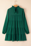 Green Puff Sleeve Mock Neck Back Knot Tiered Dress-Dresses-MomFashion