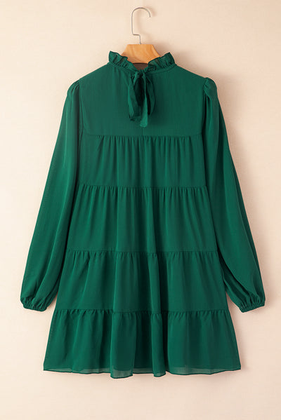 Green Puff Sleeve Mock Neck Back Knot Tiered Dress-Dresses-MomFashion