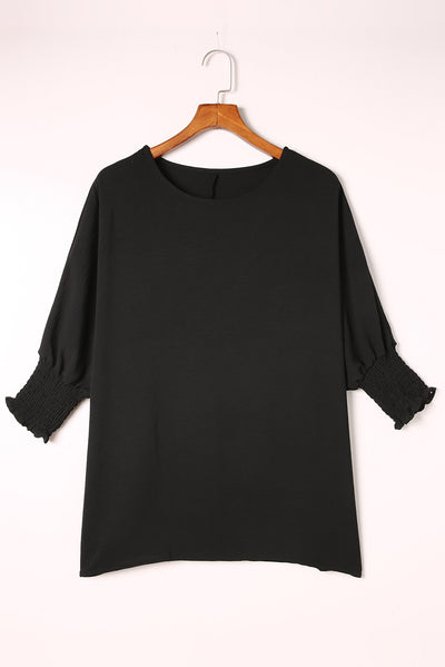 Black Smocked Wrist Shift Top-Tops-MomFashion