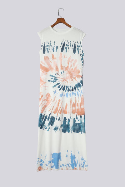 White Cap Sleeve Tie Dye Long Slit Dress-Dresses-MomFashion