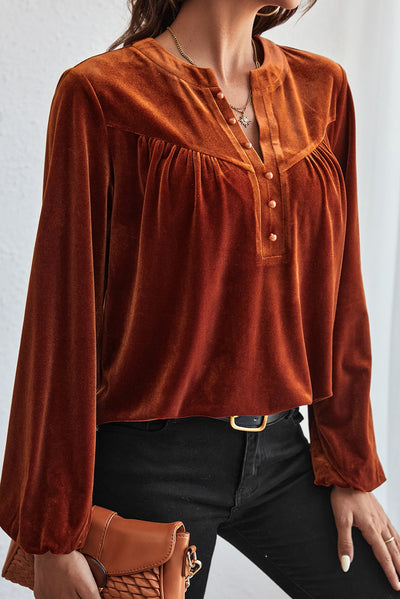 Gold Flame Lantern Sleeve Beaded Split V Neck Velvet Top-Tops-MomFashion