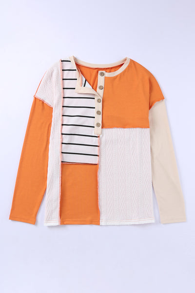 Orange Stripe Color Block Splicing Long Sleeve Henley Top-Tops-MomFashion