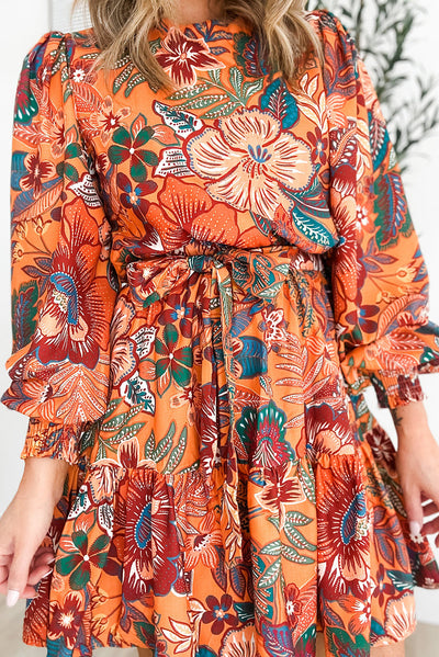 Orange Bubble Sleeve Belted Floral Dress-Dresses-MomFashion