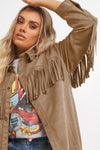 Khaki Fringe Trim Plus Size Suede Shacket-Plus Size-MomFashion