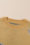 Camel Fuzzy Cheetah Accent Round Neck Sweater-Tops-MomFashion