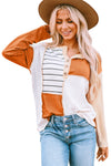 Orange Stripe Color Block Splicing Long Sleeve Henley Top-Tops-MomFashion