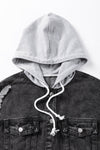 Black Drawstring Hooded Frayed Denim Jacket-Outerwear-MomFashion