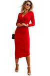 Fiery Red Long Sleeves Wrap V Neck Ruched Sheath Bodycon Dress-Dresses-MomFashion