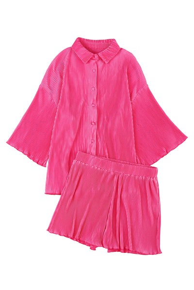 Rose 3/4 Sleeves Pleated Shirt and High Waist Shorts Lounge Set-Loungewear-MomFashion