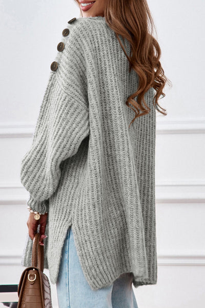 Gray Buttoned Drop Shoulder Oversized Sweater-Tops-MomFashion