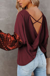 Burgundy Sequin Patchwork Sleeve Open Back Waffle Knit Top-Tops-MomFashion