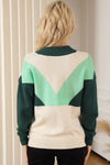 Green Geometric Color Block Knit Button V Neck Sweater-Tops-MomFashion