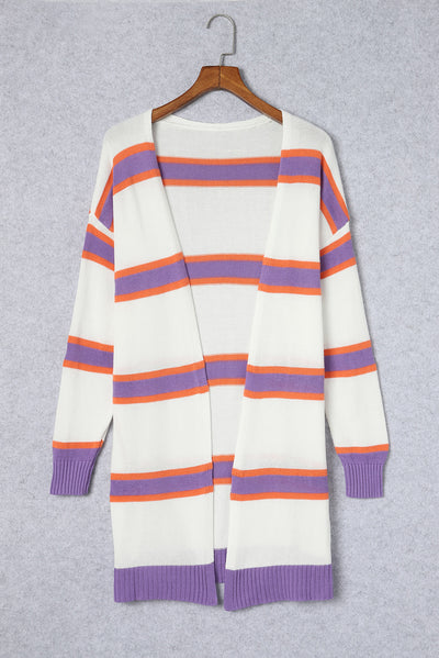 Beige Striped Long Sleeve Ribbed Trim Button Cardigan-Tops-MomFashion