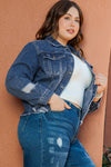 Dark Blue Plus Size Distressed Flap Pocket Denim Jacket-Plus Size-MomFashion