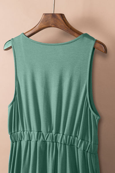 Green Buttons Sleeveless High Waist Mini Dress-Dresses-MomFashion