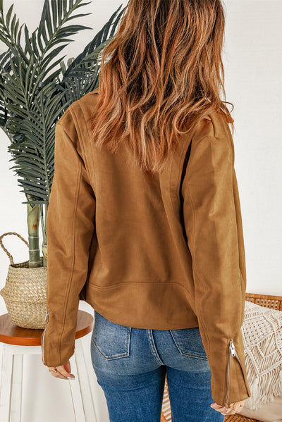 Brown Zipped Notch Collar Short Jacket-Outerwear-MomFashion