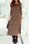 Leopard Round Neck Long Sleeve Split Dress-Dresses-MomFashion