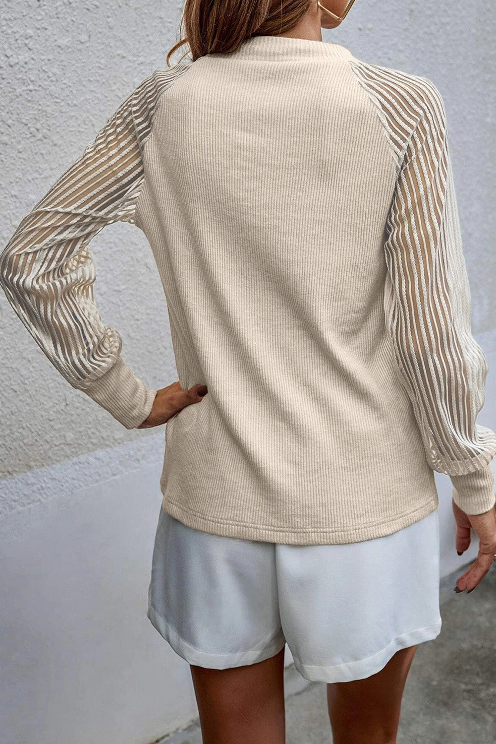 Apricot Striped Mesh Long Sleeve Crewneck Ribbed Top-Tops-MomFashion