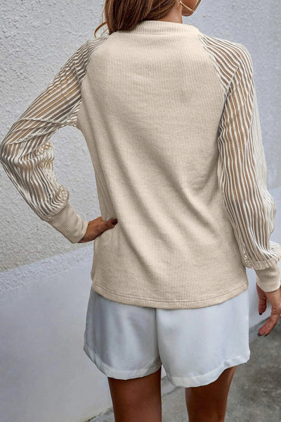 Apricot Striped Mesh Long Sleeve Crewneck Ribbed Top-Tops-MomFashion