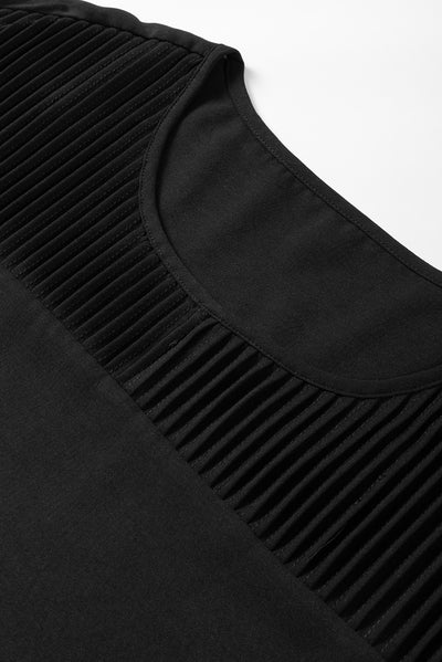 Black Roll Up Sleeve Stitching Detail Blouse-Tops-MomFashion