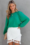 Green Satin Puff Long Sleeve Crewneck Blouse-Tops-MomFashion