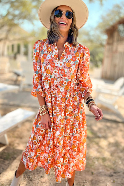 Multicolor Boho Floral Collared Long Sleeve Ruffled Dress-Dresses-MomFashion