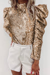 Apricot Sequin Mock Neck Bubble Sleeve Top-Tops-MomFashion