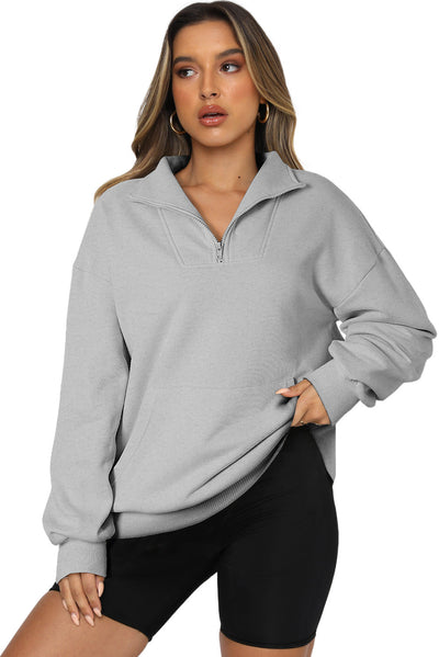 Gray Zipped Funnel Neck Kangaroo Pocket Sweatshirt-Tops-MomFashion