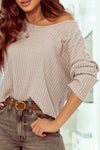 Beige Lettuce Cuffs Drop Shoulder Loose Ribbed Knit Top-Tops-MomFashion