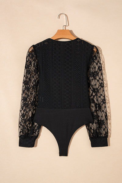 Black Frenchy Contrast Lace Bishop Sleeve Bodysuit-Tops-MomFashion