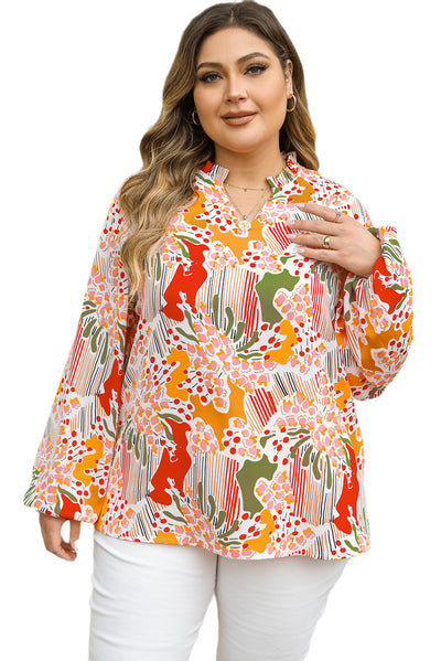 Orange Printed Floral Abstract Print Frilled V Neck Plus Size Blouse-Plus Size-MomFashion