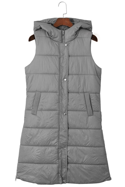 Dark Grey Hooded Long Quilted Vest Coat-Outerwear-MomFashion