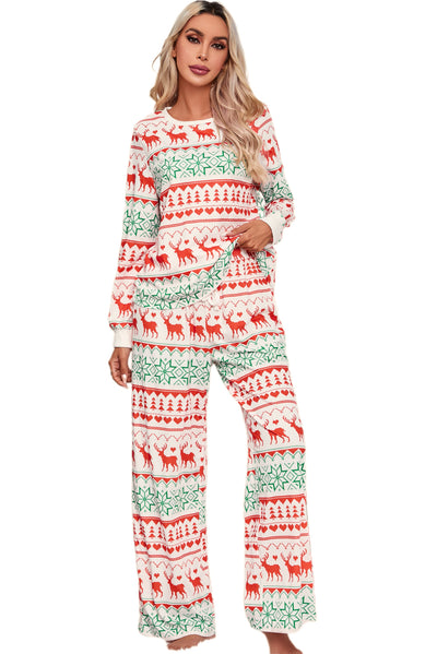 White Christmas Print Pullover and Pants Lounge Set-Loungewear-MomFashion