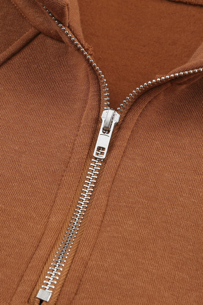 Brown Quarter Zip Kangaroo Pocket Hoodie-Tops-MomFashion