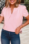 Pink Collared V Neck Puff Sleeve T-shirt-Tops-MomFashion