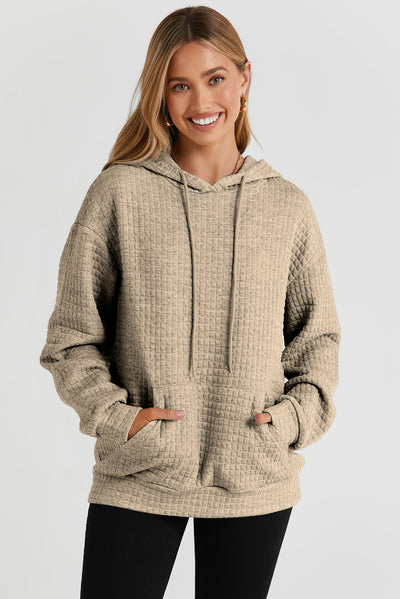 Khaki Quilted Kangaroo Pocket Drawstring Hoodie-Tops-MomFashion