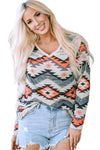 Multicolor Aztec Print V Neck Long Sleeve Top-Tops-MomFashion