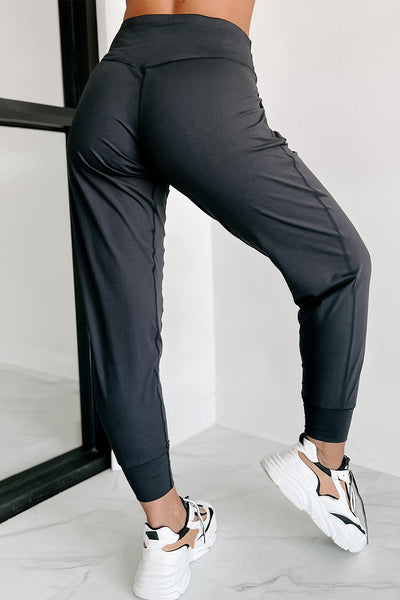 Black Exposed Seam High Waist Pocketed Joggers-Bottoms-MomFashion