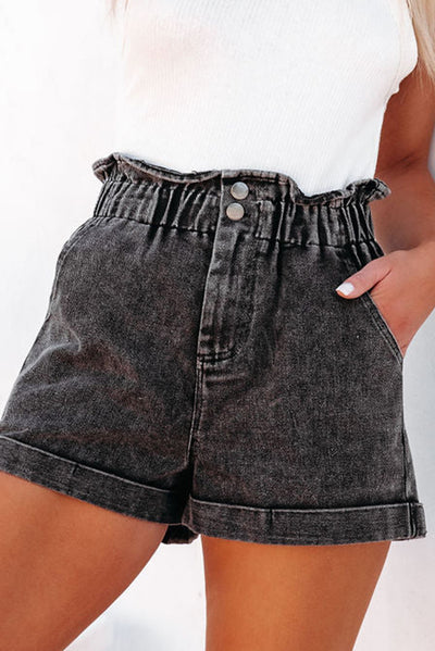 Black Vintage Washed Frilled High Waist Denim Shorts-Bottoms-MomFashion