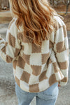 Brown Checked Snap Button Sherpa Jacket-Outerwear-MomFashion