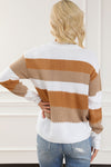 Chestnut Striped Cable Knit Drop Shoulder Sweater-Tops-MomFashion