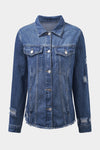 Blue Lapel Distressed Raw Hem Buttons Denim Jacket-Outerwear-MomFashion