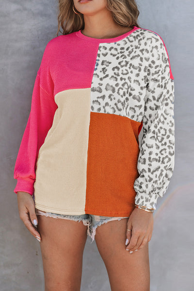 Rose Leopard Patchwork Color Block Ribbed Long Sleeve Top-Tops-MomFashion