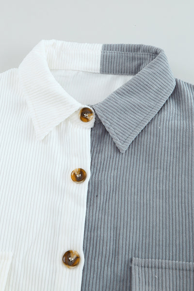 White Color Block Button Shirt with Pocket-Tops-MomFashion