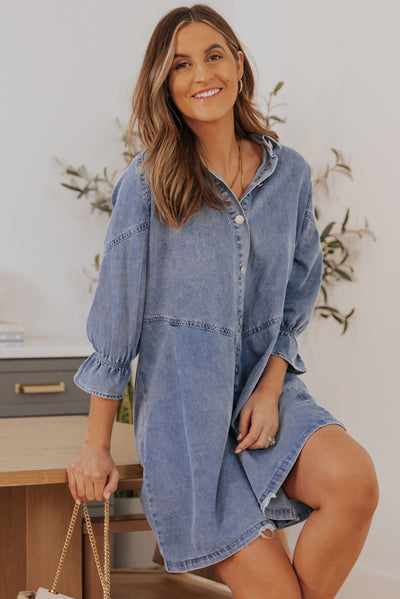 Sky Blue Buttoned Long Sleeve Denim Mini Dress-Dresses-MomFashion