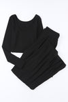 Black Solid Color Ribbed Crop Top Long Pants Set-Loungewear-MomFashion