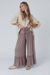 Khaki Frilled Drawstring High Waist Wide Leg Pants-Bottoms-MomFashion