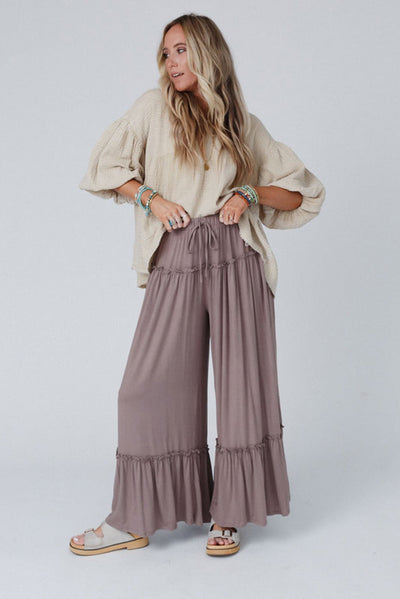 Khaki Frilled Drawstring High Waist Wide Leg Pants-Bottoms-MomFashion