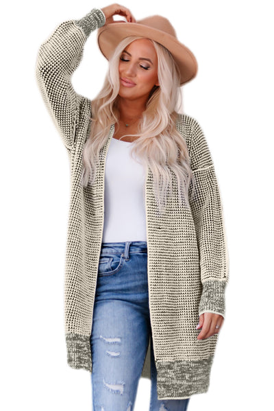 Apricot Plaid Knitted Long Open Front Cardigan-Tops-MomFashion