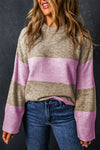 Rose Stripe Crew Neck Wide Sleeve Colorblock Sweater-Tops-MomFashion